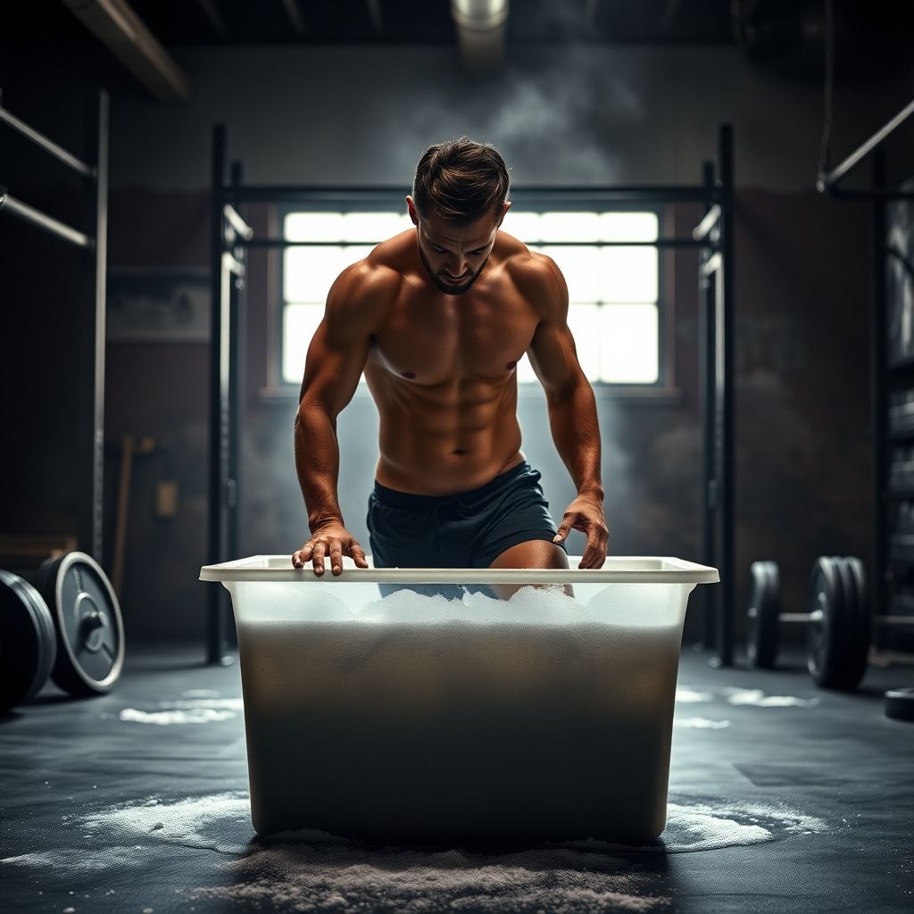 Athlète de CrossFit se plongeant dans un bain froid après un WOD intense