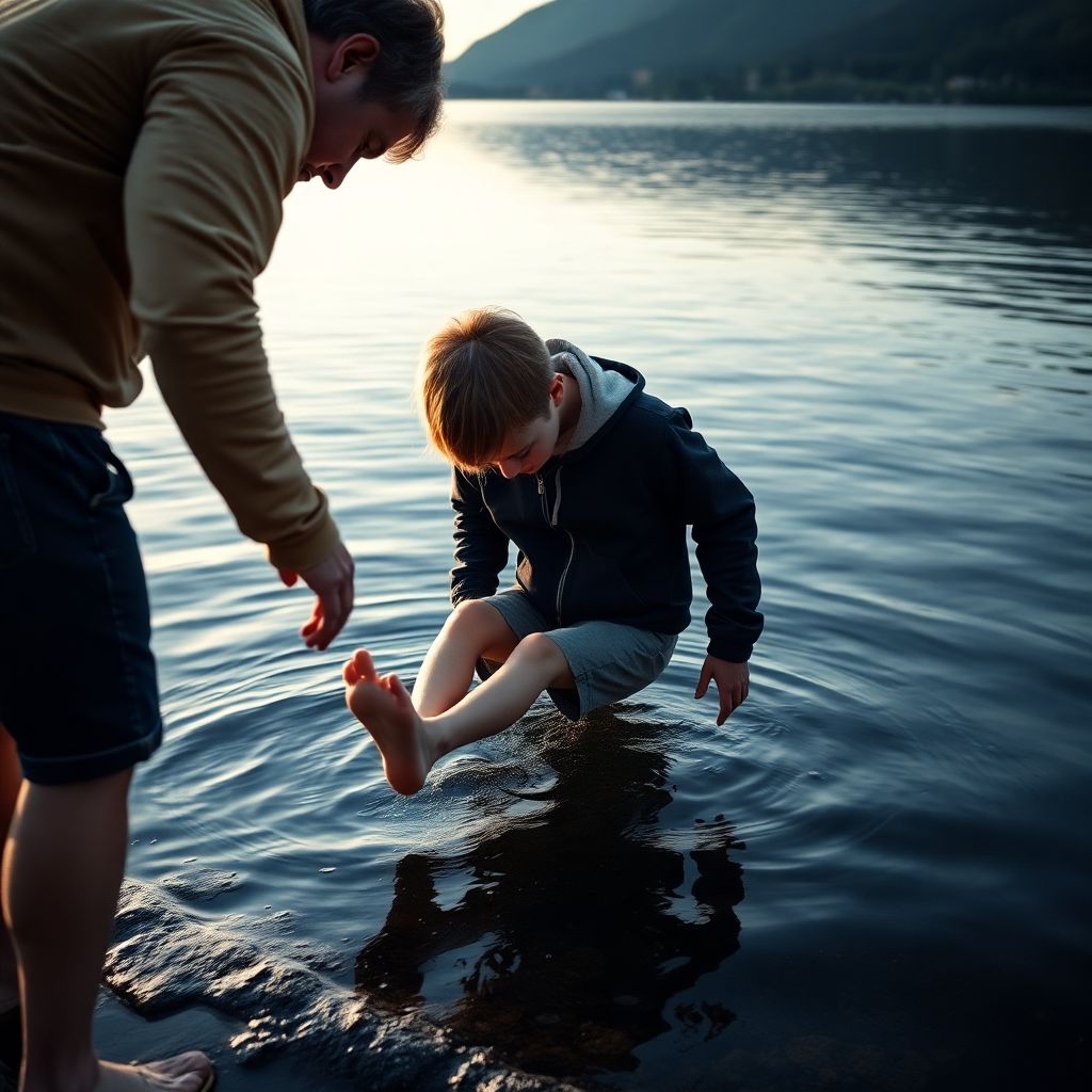 Famille suisse pratiquant la baignade froide ensemble avec des enfants supervisés