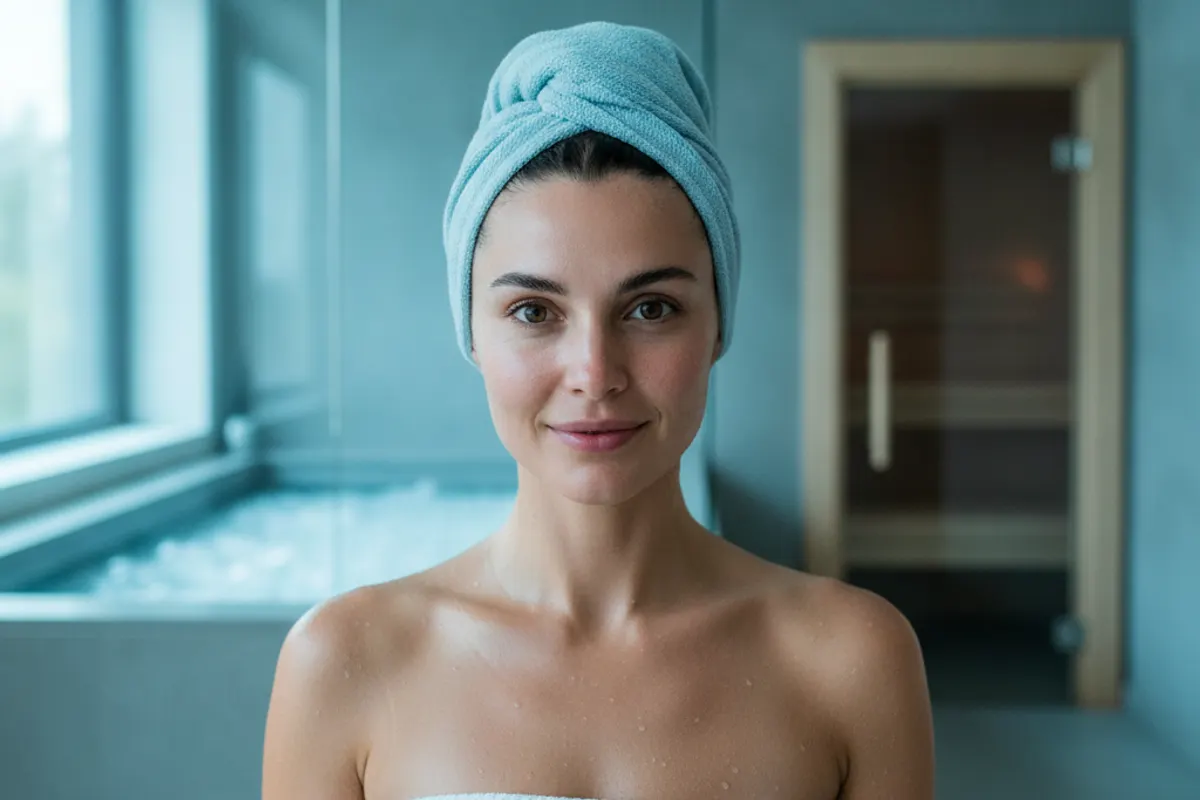 Visage rayonnant d'une personne après un bain froid montrant les bienfaits sur la peau