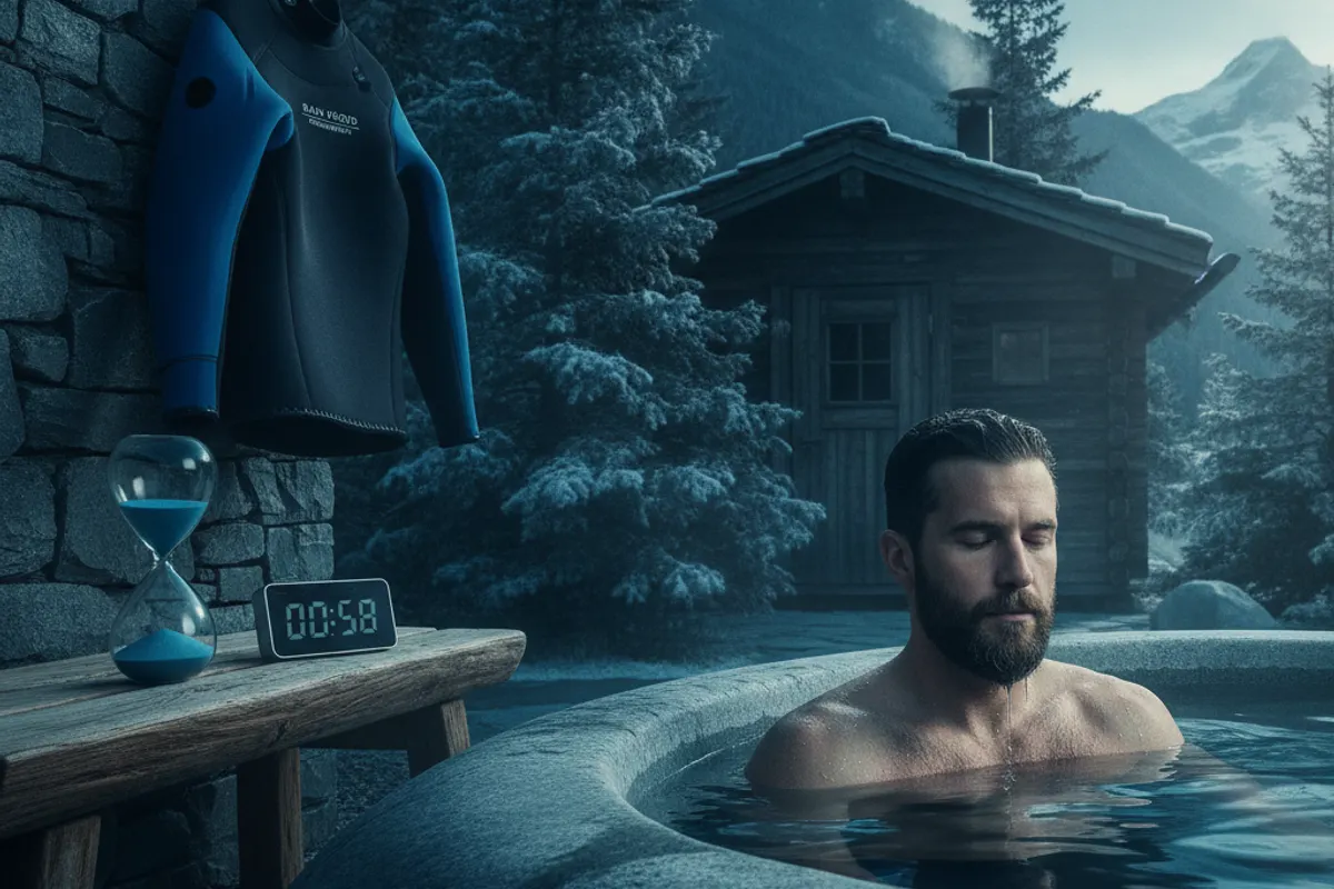 Sauna en bois et bassin de bain froid combinés dans un cadre nordique — illustration 2