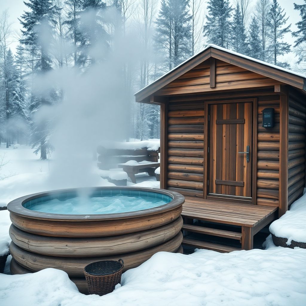 Sauna en bois et bassin de bain froid combinés dans un cadre nordique