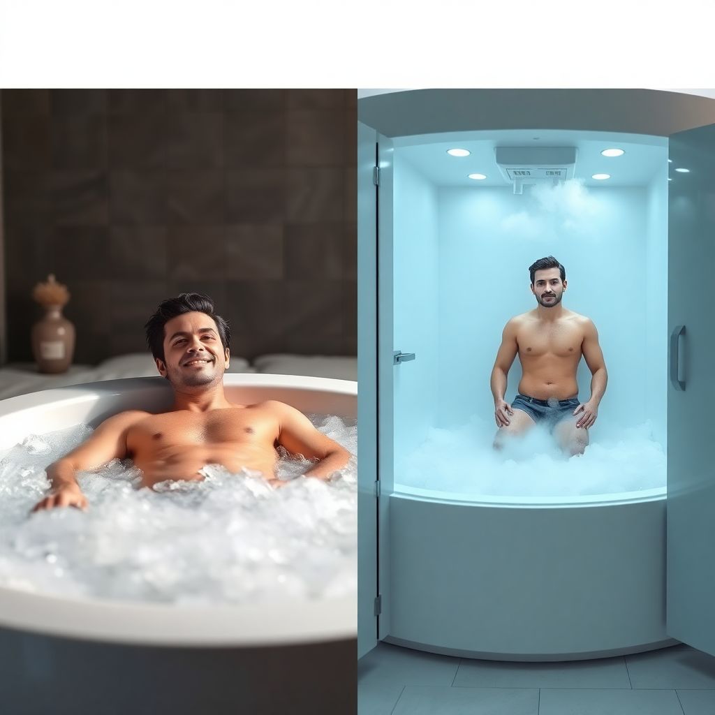 Comparaison visuelle entre un bain froid et une chambre de cryothérapie
