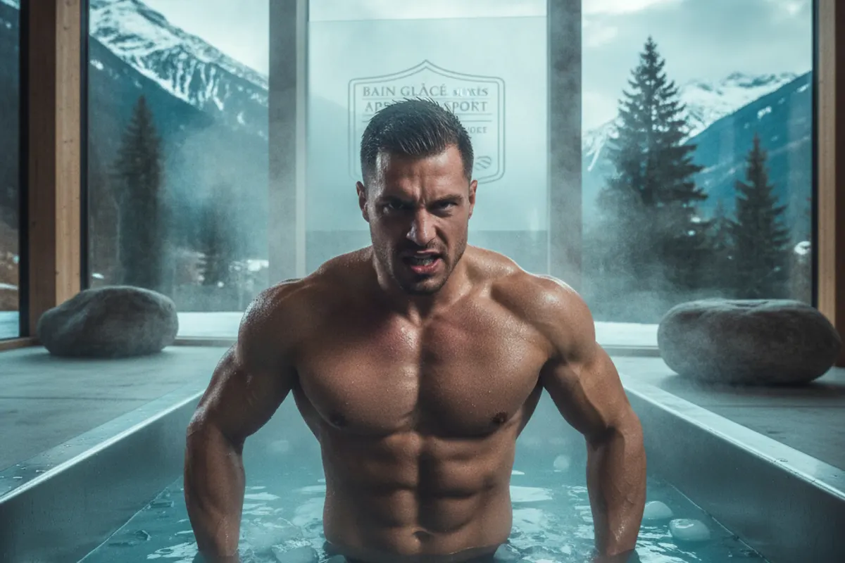 Sportif récupérant dans un bain glacé après l'entraînement avec glaçons et thermomètre