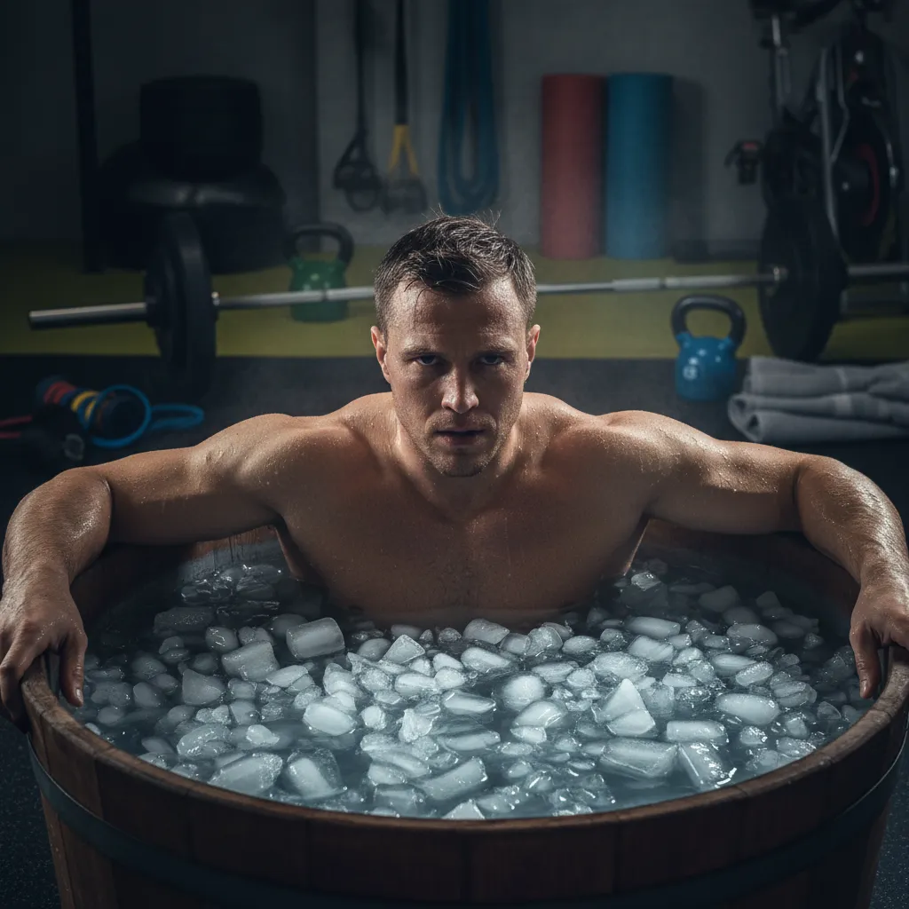 Sportif récupérant dans un bain glacé après l'entraînement avec glaçons et thermomètre