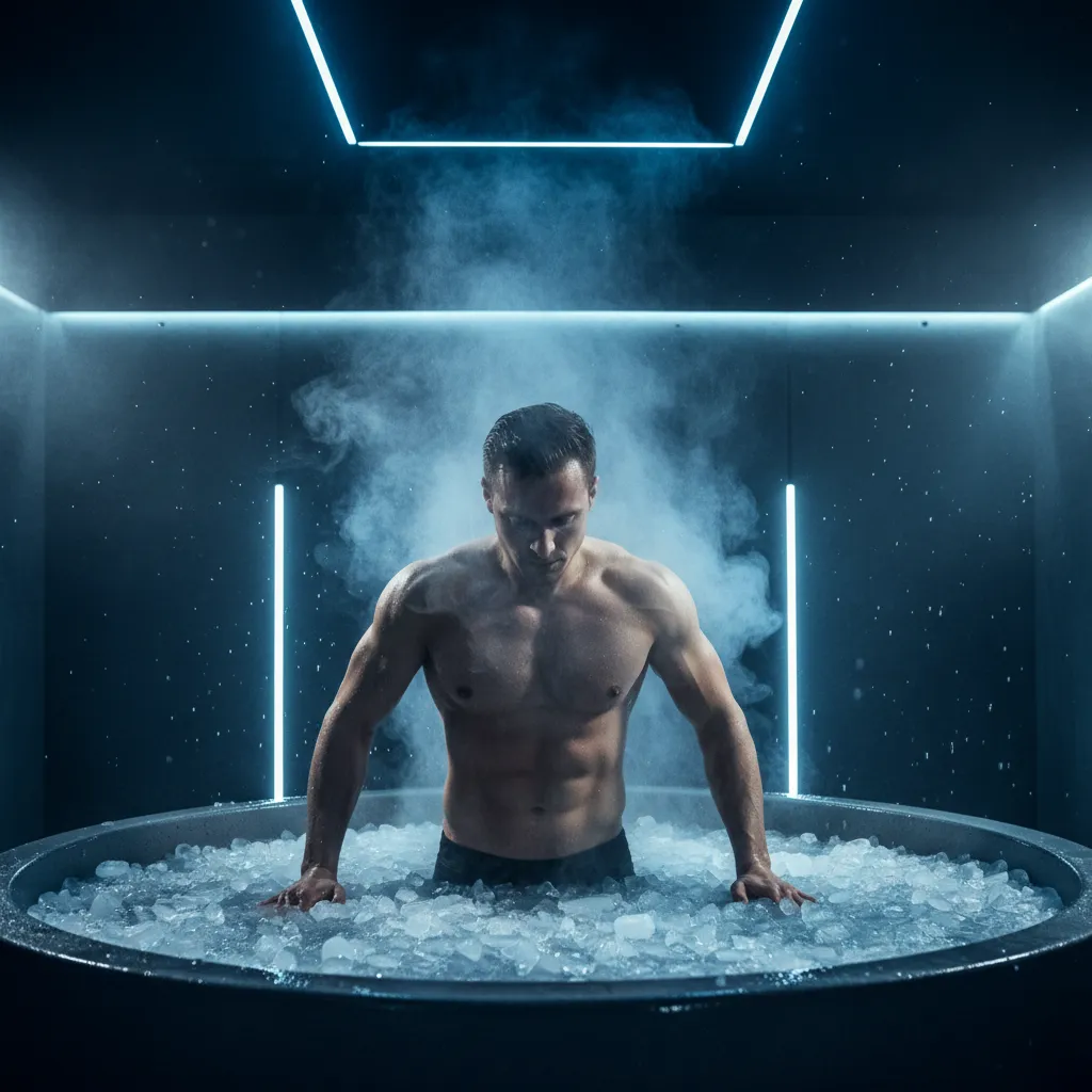 Personne plongeant dans un bain glacé rempli de glaçons pour la récupération et le bien-être