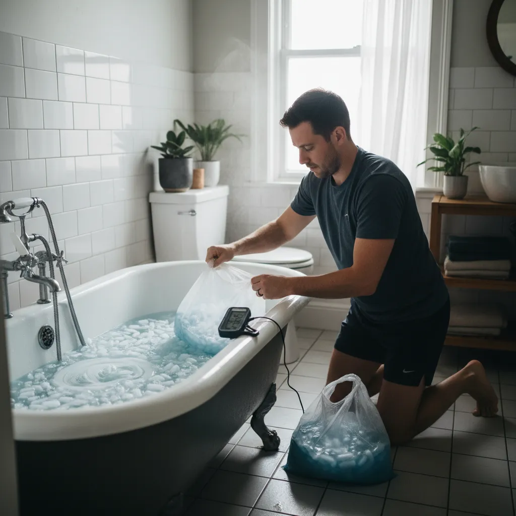 Installation d'un bain glacé à la maison dans une baignoire avec des glaçons et un thermomètre