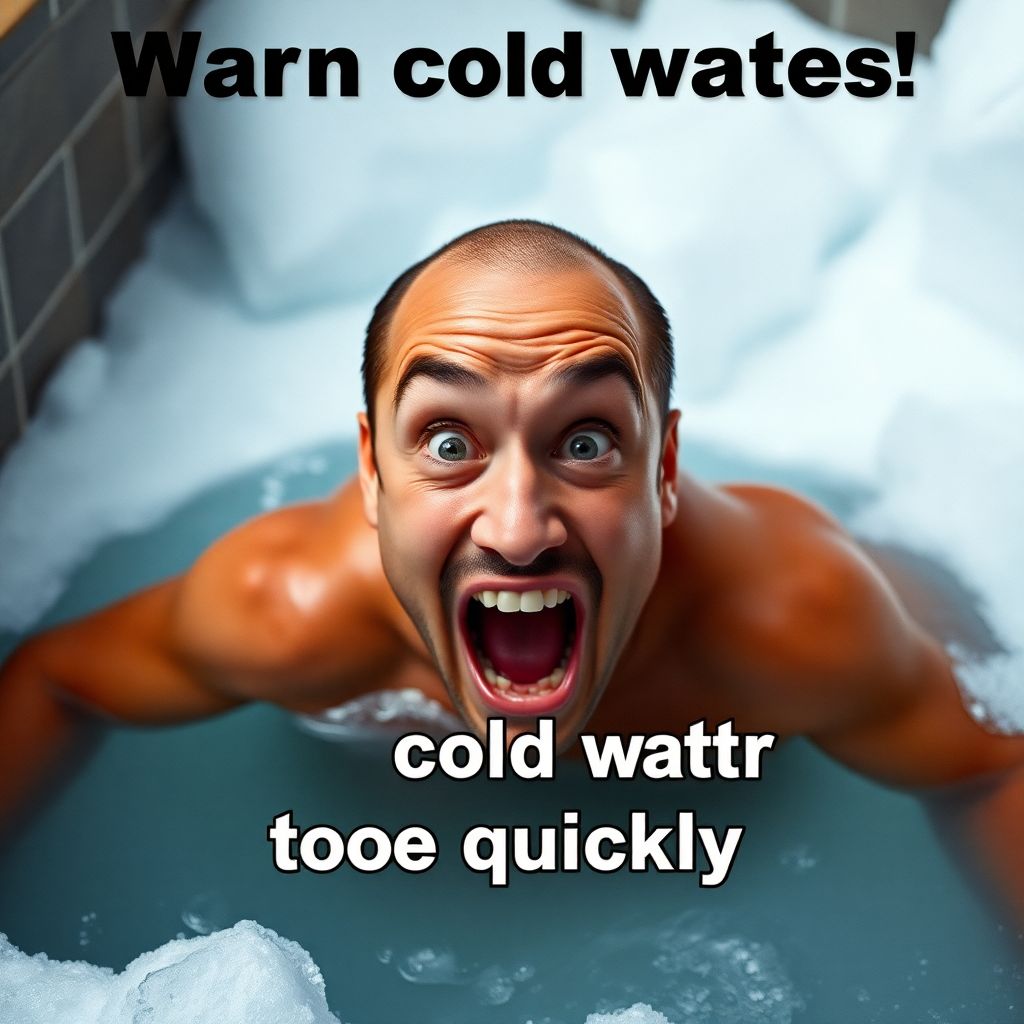Panneau d'avertissement humoristique listant les erreurs à éviter pour le bain froid débutant