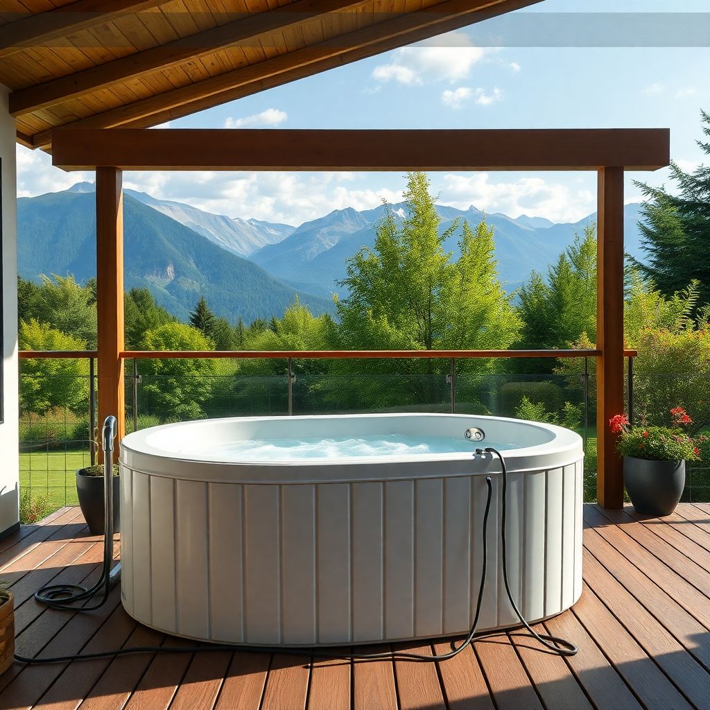 Bain froid installé dans un jardin suisse avec vue sur les montagnes