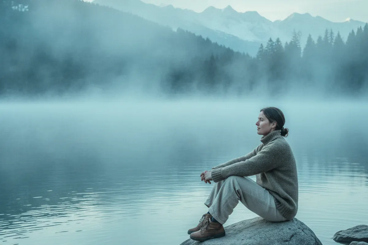 Personne pensive au bord d'un lac froid suisse au lever du jour