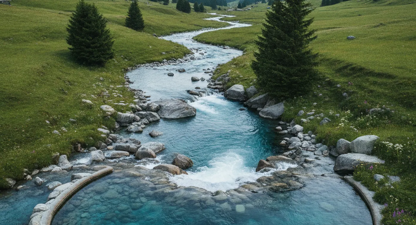 Rivière cristalline de Suisse romande entourée de forêt idéale pour le bain froid — illustration centrale